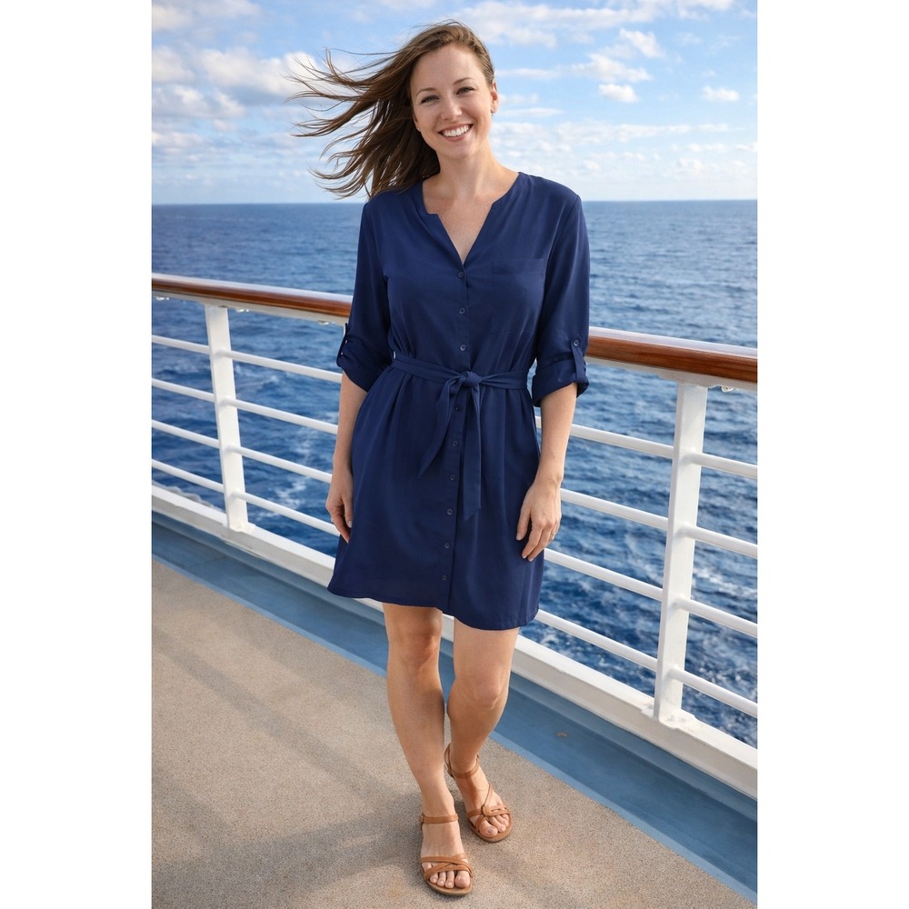 XXL Navy Blue Roll Tab Sleeve Button Belted Shirt Dress PREPPY RESORT STRETCHY